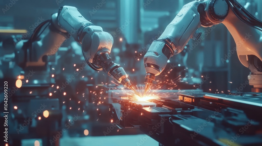 Robotic arms welding in a high-tech industrial setting, creating sparks during assembly. Robotic arms welding in a high-tech industrial setting, creating sparks during assembly.