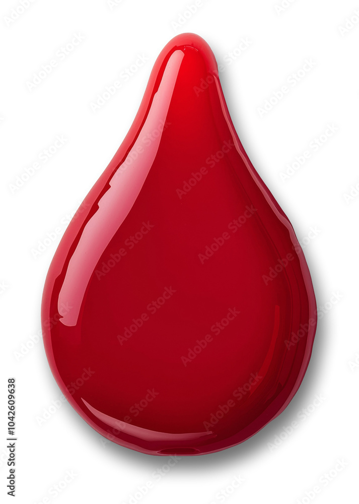 A vivid red droplet of liquid resting on a smooth surface under soft lighting isolated on transparent background. A vivid red droplet of liquid resting on a smooth surface under soft lighting isolated on transparent background.