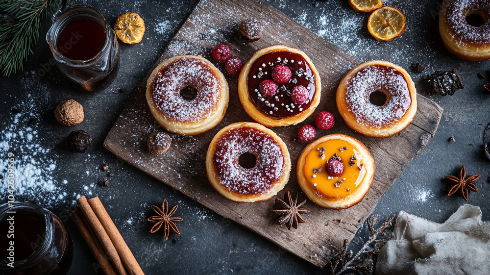 Delicious Hanukkah jelly donuts with raspberries and festive decorations on a wooden board Delicious Hanukkah jelly donuts with raspberries and festive decorations on a wooden board