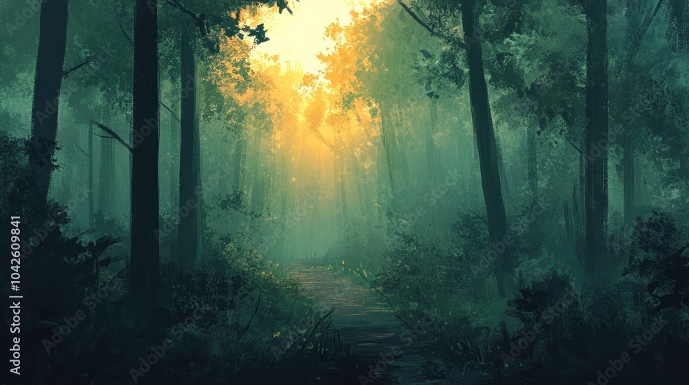 A serene forest scene illuminated by soft sunlight filtering through the trees. A serene forest scene illuminated by soft sunlight filtering through the trees.
