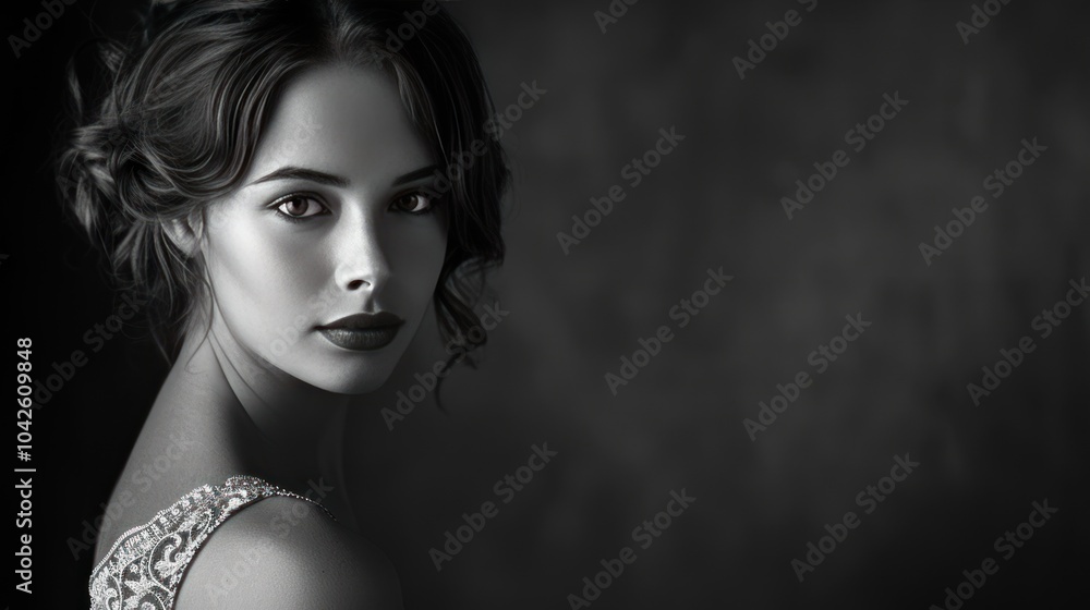 A timeless black-and-white studio portrait of a woman in an elegant dress, posed with soft, natural lighting that emphasizes the contours of her face and creates a classic, graceful look. A timeless black-and-white studio portrait of a woman in an elegant dress, posed with soft, natural lighting that emphasizes the contours of her face and creates a classic, graceful look.
