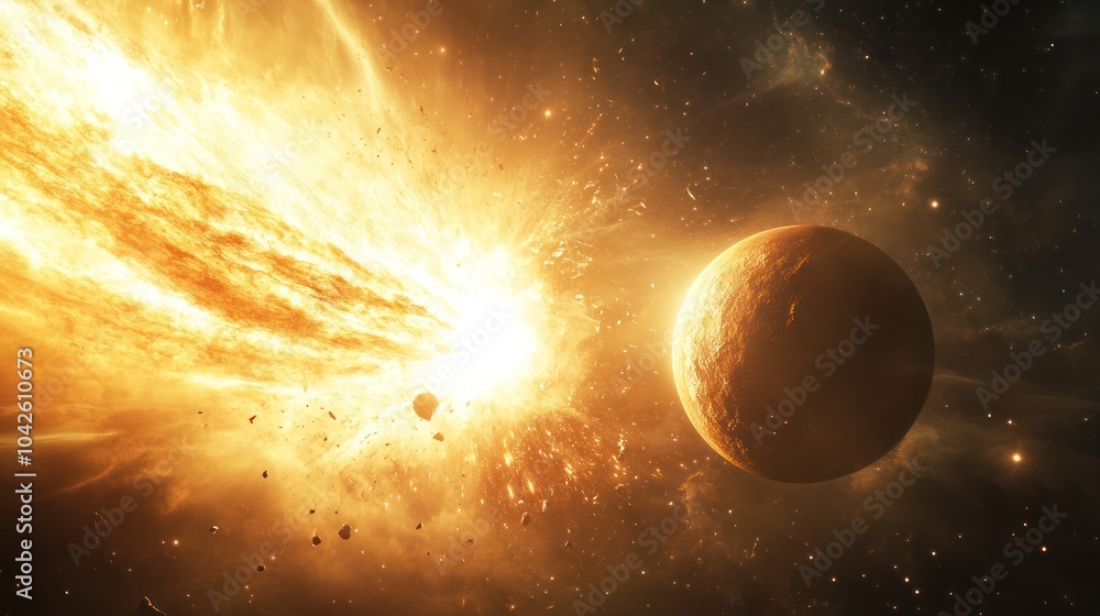 Obraz premium A comet impacting a gas giant planet, bright shockwave and explosion, detailed comet and planet textures, vivid cosmic lighting, 32K resolution