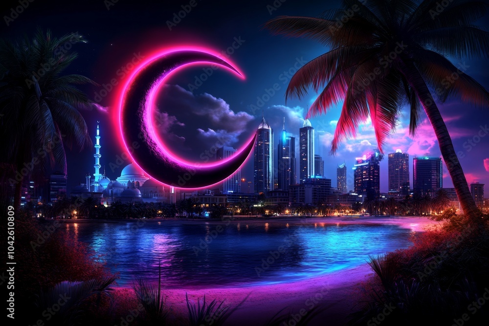 Fototapeta premium Cyberpunk crescent moon and mosque scene, with glowing digital elements and vibrant neon colors creating a modern Ramadan atmosphere