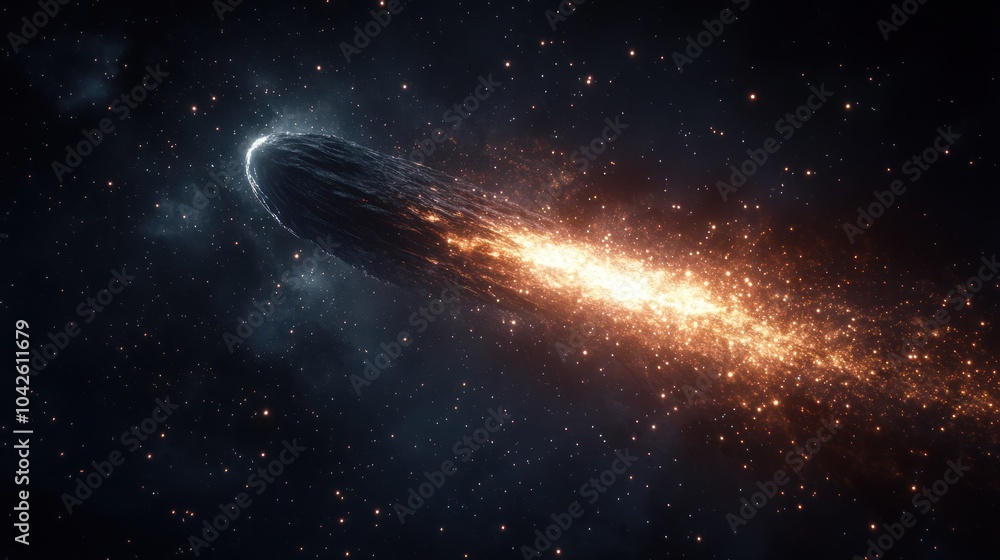 A comet with a glowing tail lighting up the dark sky, ultra-detailed cosmic particles surrounding it, sharp lighting and stars twinkling in the background, 32K resolution A comet with a glowing tail lighting up the dark sky, ultra-detailed cosmic particles surrounding it, sharp lighting and stars twinkling in the background, 32K resolution