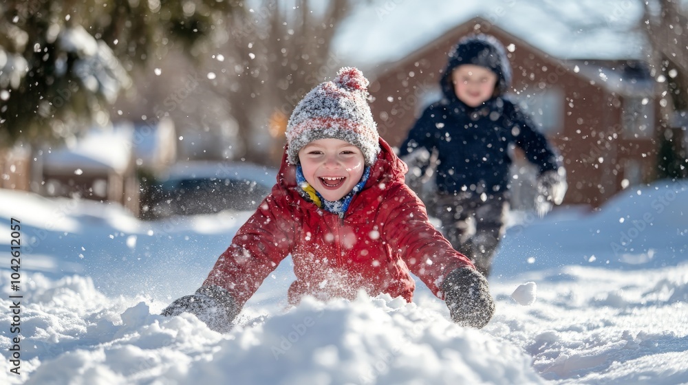 Children outside, having fun in the winter snow, running through the yard, building snow forts, and playing in the sparkling white snow. Children outside, having fun in the winter snow, running through the yard, building snow forts, and playing in the sparkling white snow.