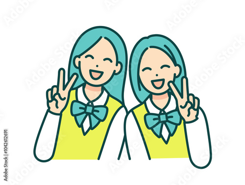 ピースサインをする女子高生。クラスメイトと明るく笑う女の子のベクターイラスト素材。