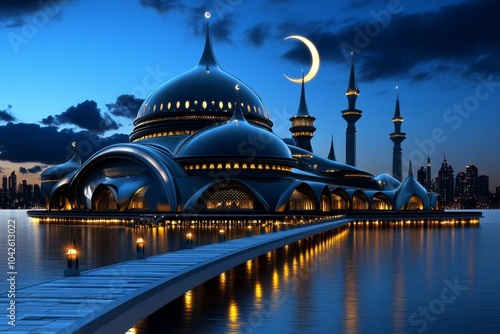 Futuristic mosque design during Ramadan, with sleek, modern architecture and holographic crescent moons lighting up the night sky photo