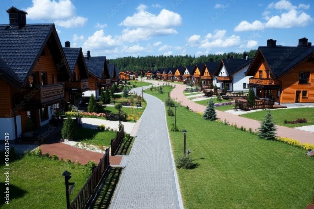Futuristic vision of a rural village in southeastern Poland, blending modern architecture with traditional wooden houses in a high-tech, yet pastoral landscape Futuristic vision of a rural village in southeastern Poland, blending modern architecture with traditional wooden houses in a high-tech, yet pastoral landscape
