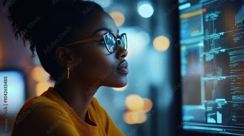 A focused individual working on a computer, analyzing data with a thoughtful expression.