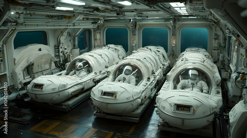 Spaceship Interior with Astronauts in Cryosleep Pods 3D Illustration photo