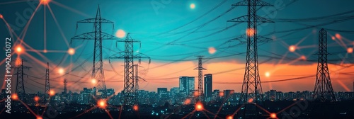 High Tension Power Lines with Digital Overlay and City Silhouette - Critical Systems Protection