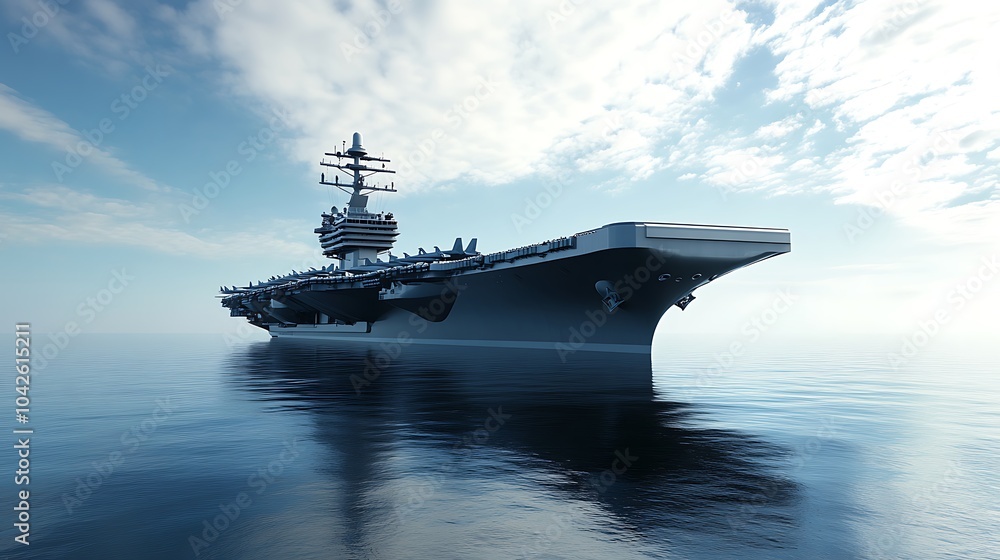 A large aircraft carrier sails on a calm blue sea, with a clear blue sky and fluffy white clouds above. A large aircraft carrier sails on a calm blue sea, with a clear blue sky and fluffy white clouds above.