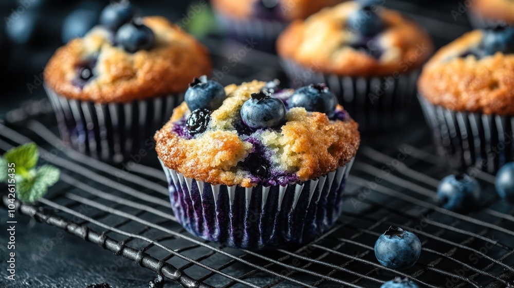 Freshly baked blueberry muffins cooling on a wire rack, garnished with blueberries. Freshly baked blueberry muffins cooling on a wire rack, garnished with blueberries.