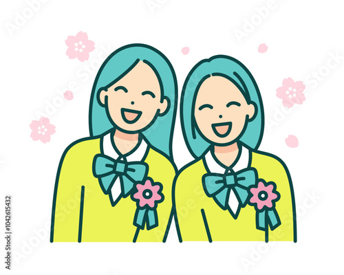 四月の入学式を迎えた女の子。胸にコサージュを付けた女子高生のベクターイラスト素材。