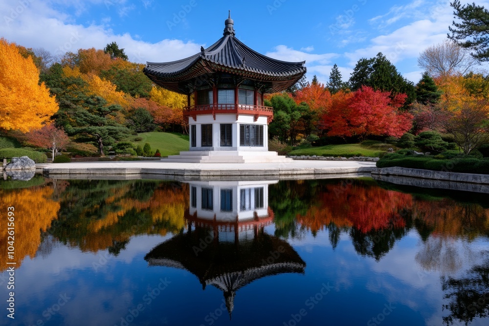 Hyper-realistic reflection of the garden’s pavilion in the pond, capturing every detail of the water, architecture, and surrounding greenery Hyper-realistic reflection of the garden’s pavilion in the pond, capturing every detail of the water, architecture, and surrounding greenery