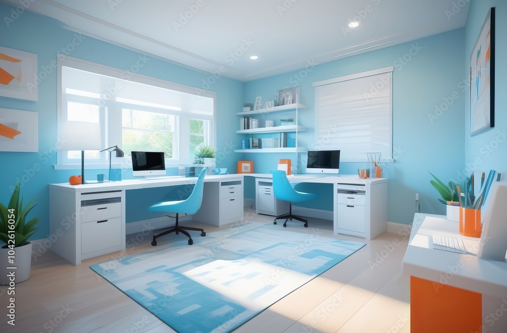 A modern, comfortable home office with a desk and a computer in a light blue tone A modern, comfortable home office with a desk and a computer in a light blue tone