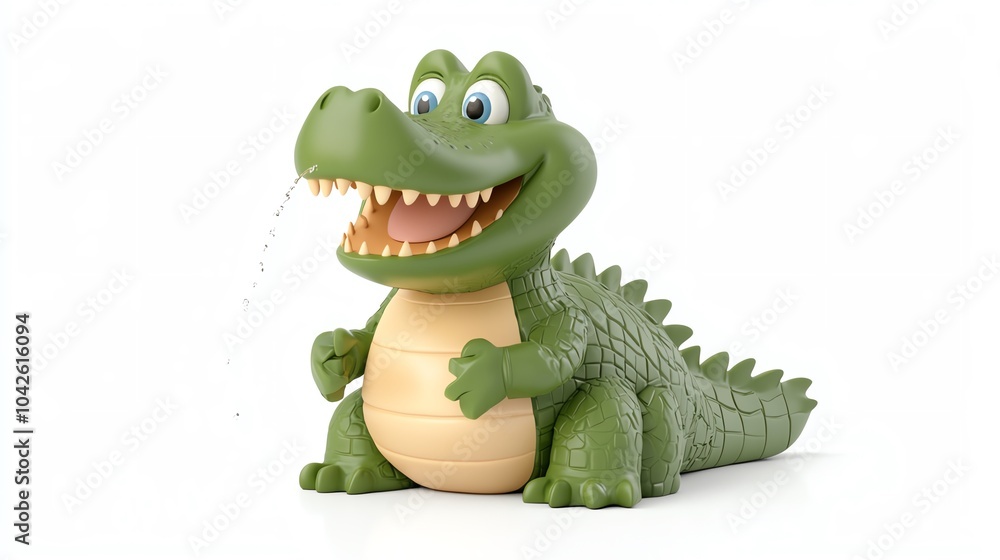 Fototapeta premium 3D cartoon crocodile squirting water while smiling, crocodile squirting water, playful and friendly