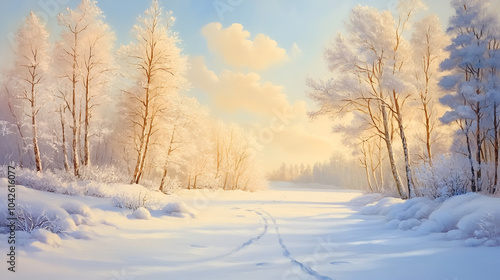 Winter landscape depicted in an oil painting featuring seasonal scenery