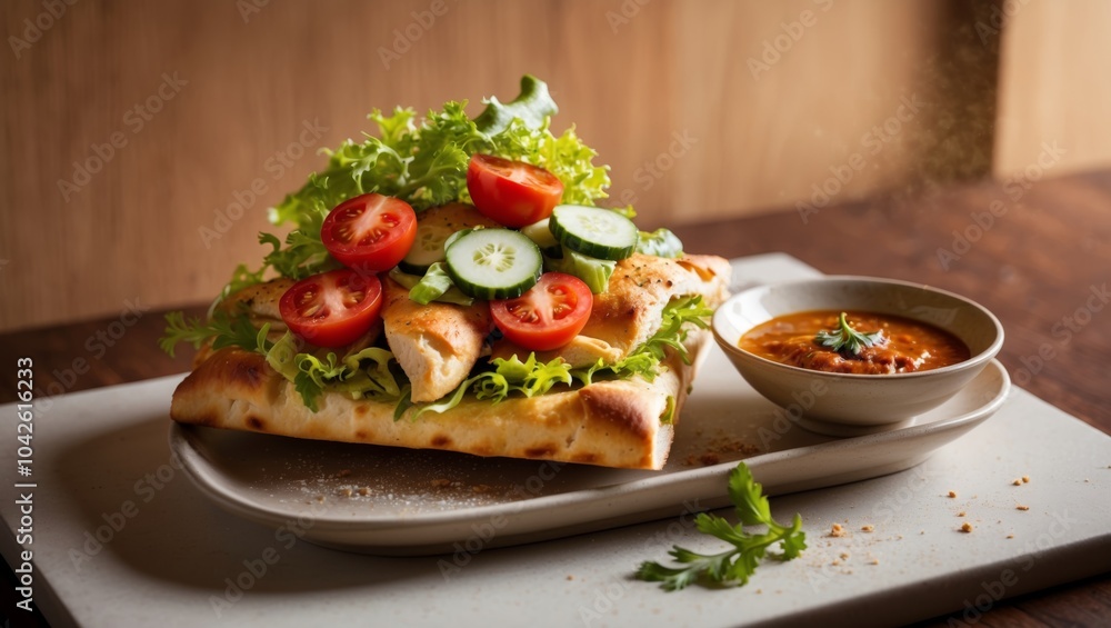 Tasty Chicken Focaccia or Panini with Fresh Salad and Zesty Tandoori Sauce Tasty Chicken Focaccia or Panini with Fresh Salad and Zesty Tandoori Sauce