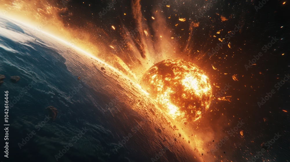 Fototapeta premium A hyper-realistic comet collision with a planet, shockwave bursting into space, detailed textures of the impact, cinematic lighting, 32K resolution