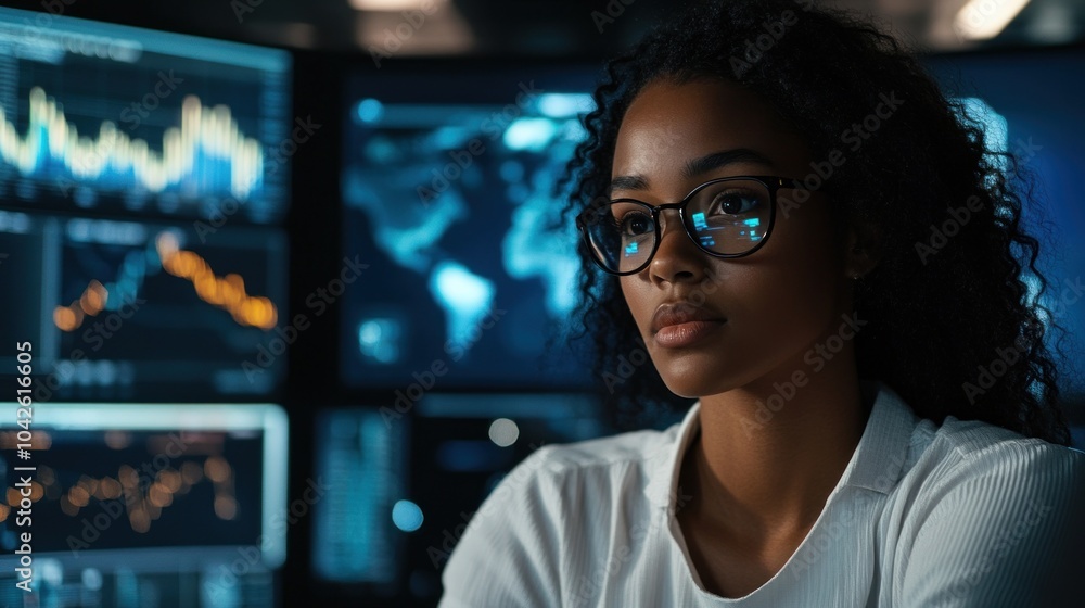 A focused individual analyzes data on multiple screens in a modern workspace. A focused individual analyzes data on multiple screens in a modern workspace.