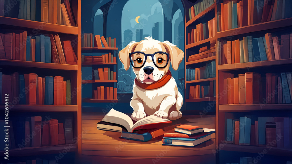 A dog wearing glasses sits attentively in front of a bookcase filled with books. A dog wearing glasses sits attentively in front of a bookcase filled with books.