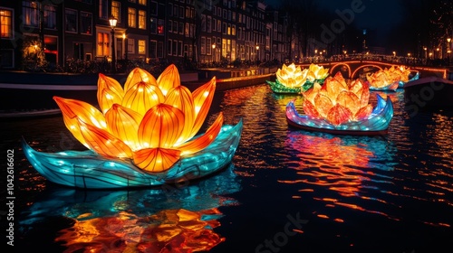 A vibrant light festival in Amsterdam, where the city is transformed into an open-air gallery with glowing art displays and creative light sculptures along the canals.