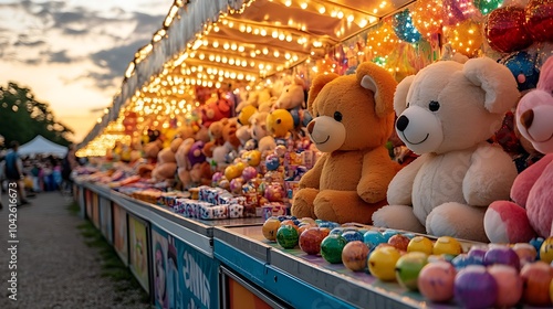 A row of plush toys are displayed as prizes at a carnival game booth.