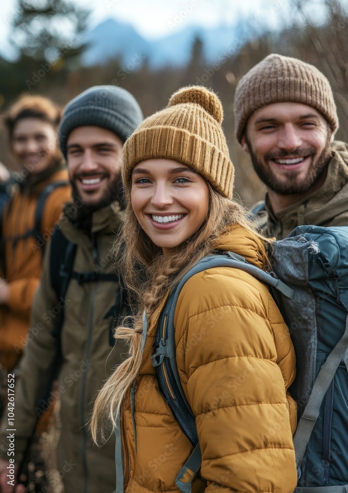 Smiling Friends in Winter Attire Enjoy Mountain Hiking Adventure Smiling Friends in Winter Attire Enjoy Mountain Hiking Adventure