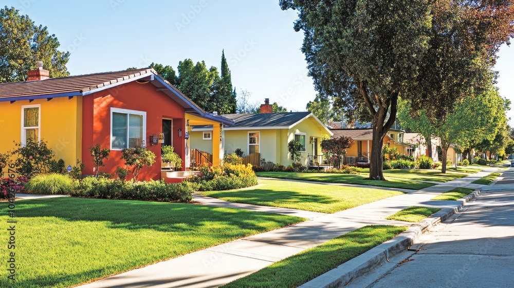Obraz premium Colorful Homes on a Sunny Suburban Street
