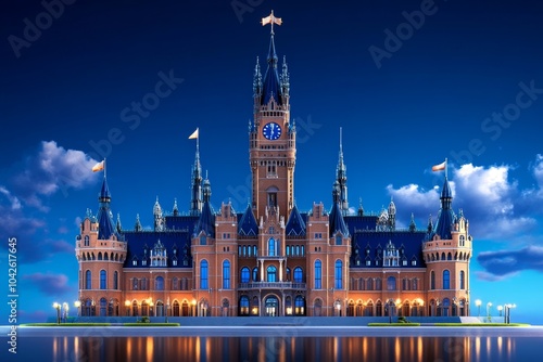 Minimalist outline of The Peace Palace, with clean lines and simple details, symbolizing its importance in world diplomacy photo