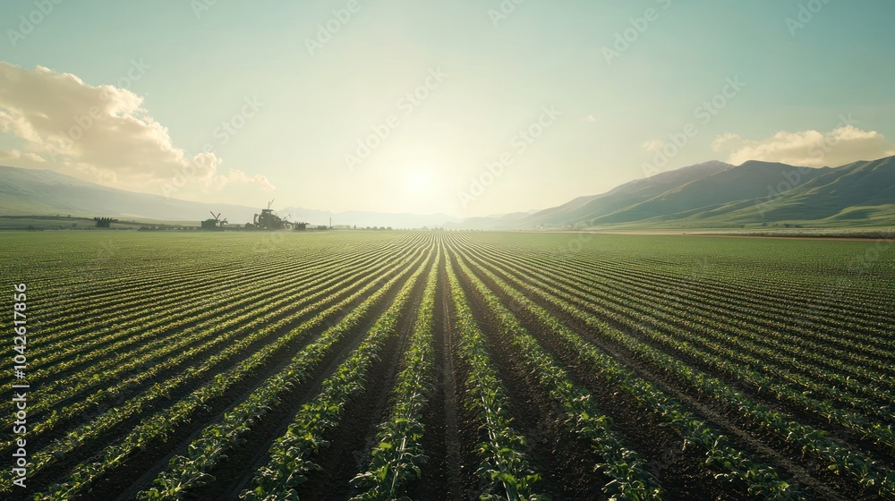 A panoramic view of a bioindustry-driven agriculture landscape, advanced irrigation systems, genetically modified crops thriving, sharp focus on the fields and machinery, natural sunlight A panoramic view of a bioindustry-driven agriculture landscape, advanced irrigation systems, genetically modified crops thriving, sharp focus on the fields and machinery, natural sunlight