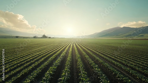 A panoramic view of a bioindustry-driven agriculture landscape, advanced irrigation systems, genetically modified crops thriving, sharp focus on the fields and machinery, natural sunlight photo