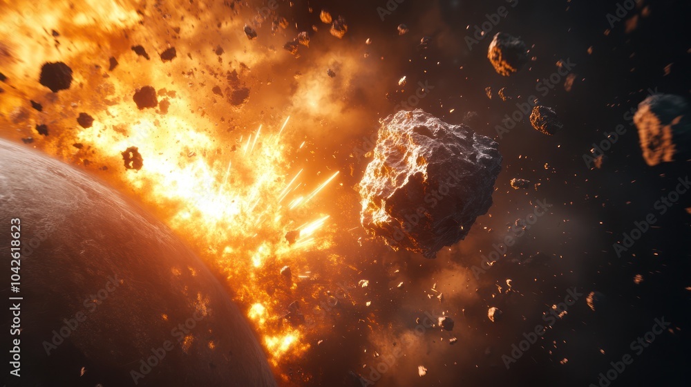 A powerful comet collision with a rocky planet, debris scattering in all directions, sharp textures of the planetary surface and comet fragments, cinematic lighting. A powerful comet collision with a rocky planet, debris scattering in all directions, sharp textures of the planetary surface and comet fragments, cinematic lighting.