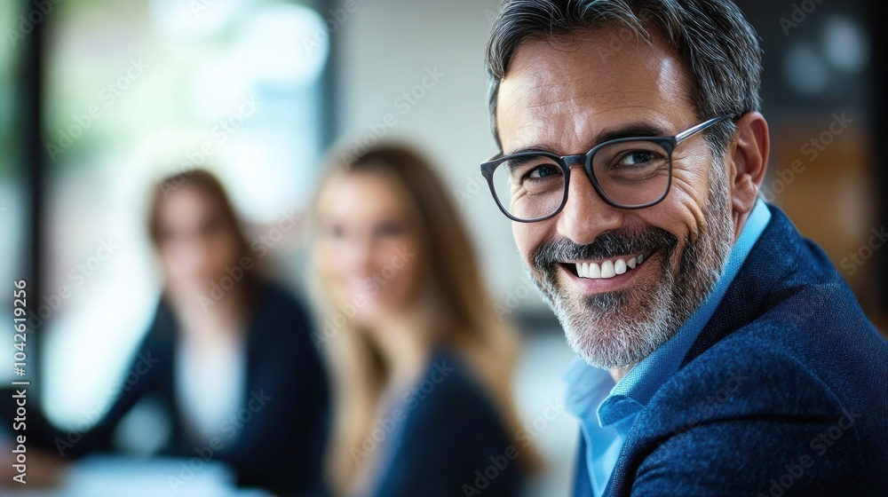 A smiling man in glasses engages with colleagues in a professional setting. A smiling man in glasses engages with colleagues in a professional setting.