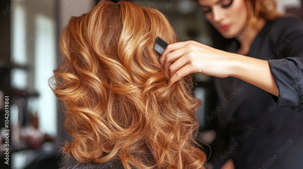 Naklejka premium Woman Styling Hair with Beautiful Curls