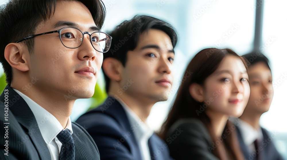 An Asian business team collaborating in a formal meeting, white background, sharp focus on facial details and suits, soft shadows, 32K resolution An Asian business team collaborating in a formal meeting, white background, sharp focus on facial details and suits, soft shadows, 32K resolution