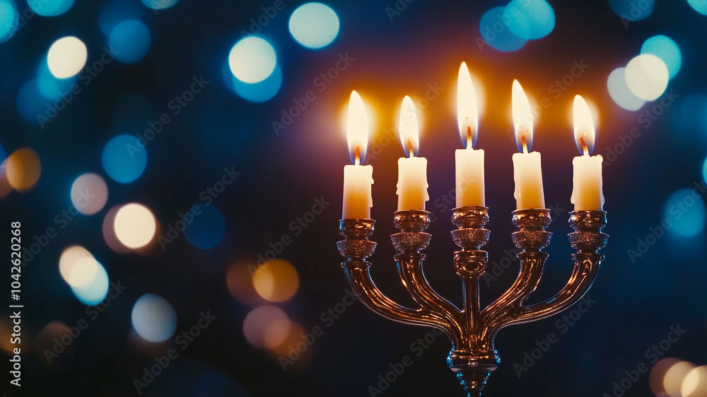 A beautifully lit menorah with candles glowing against a backdrop of soft bokeh lights A beautifully lit menorah with candles glowing against a backdrop of soft bokeh lights