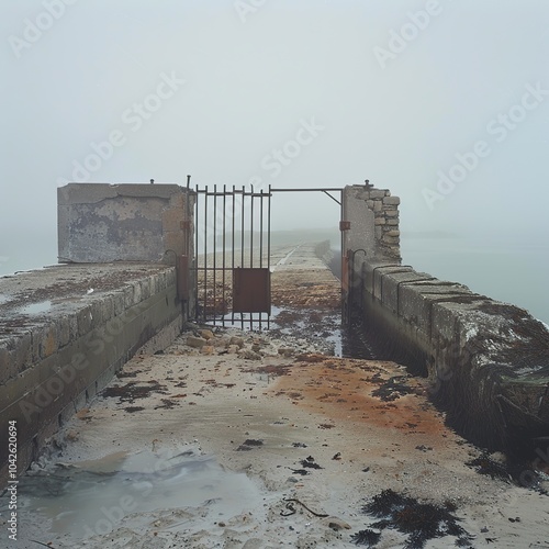 A derelict seaside cape with collapsing walls and rusted gates, a misty, desolate beach photo