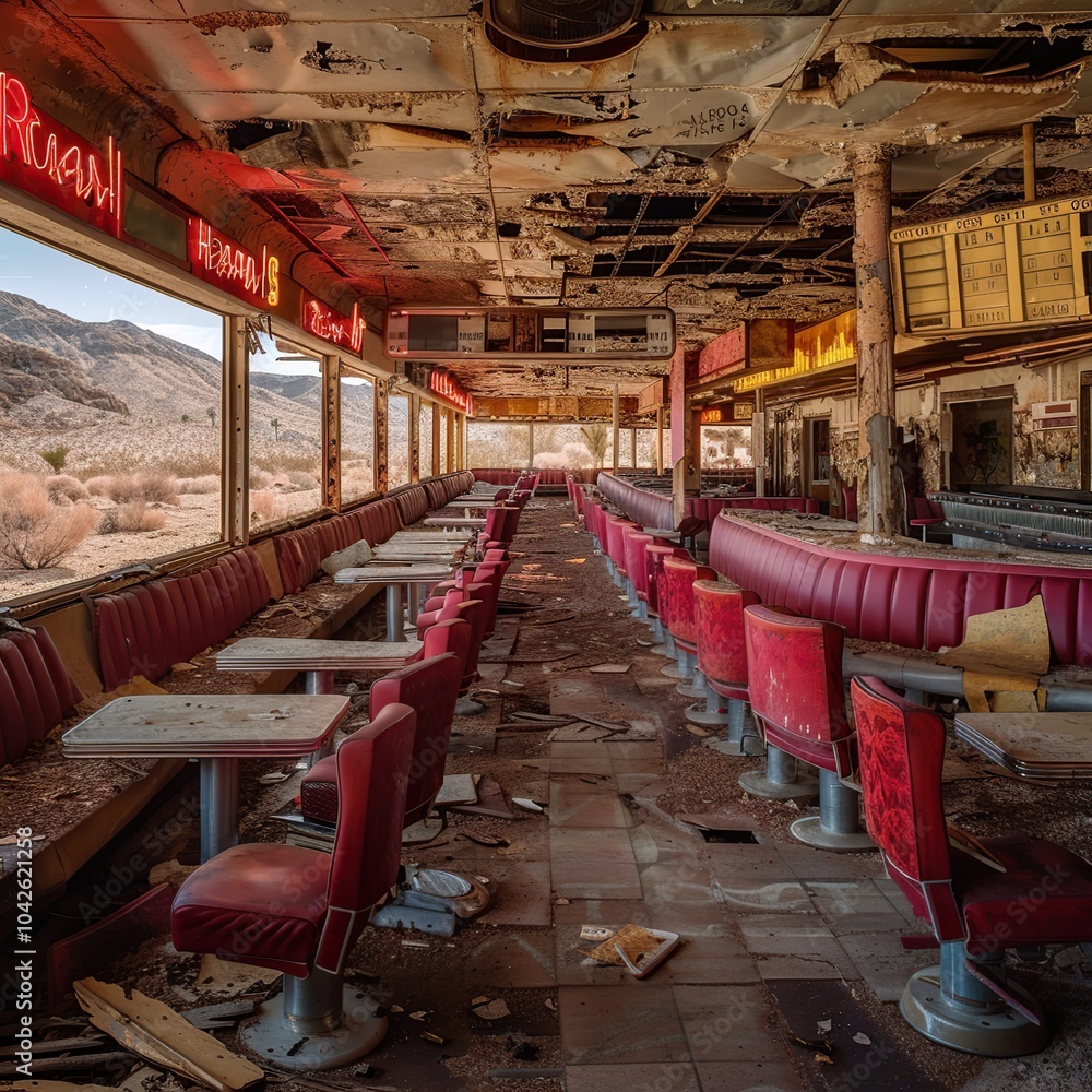 diner with broken neon signs and decaying furniture, located on a lonely stretch of desert highway diner with broken neon signs and decaying furniture, located on a lonely stretch of desert highway