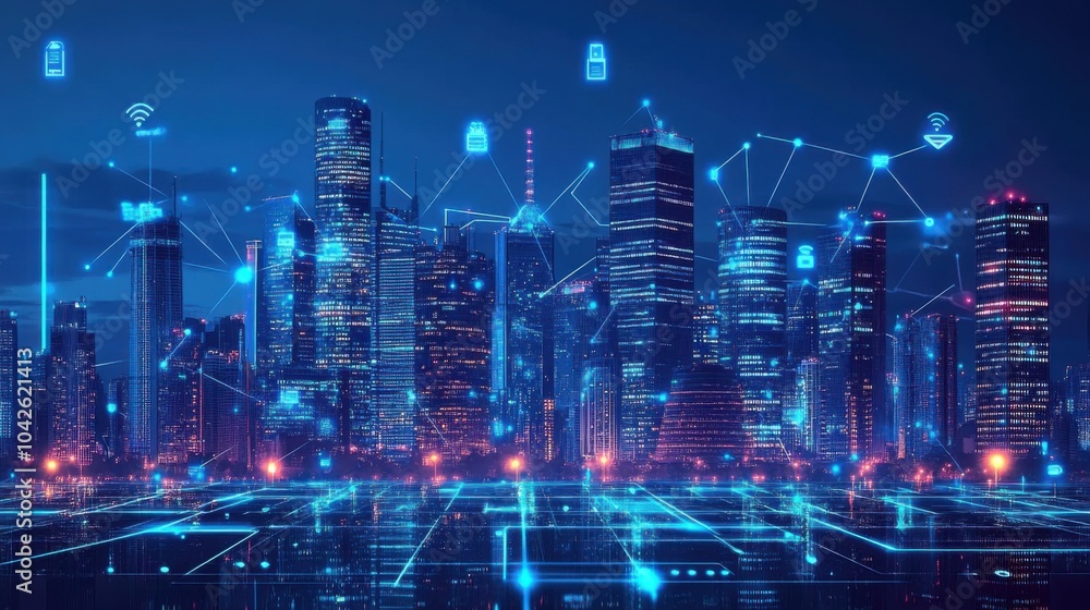 custom made wallpaper toronto digitalFuturistic city skyline with digital connectivity elements.