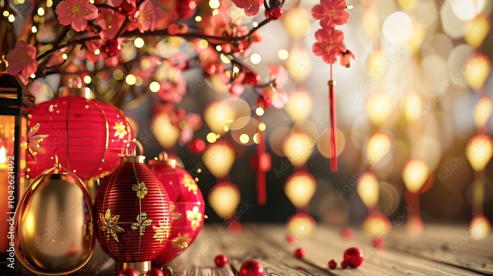 Fototapeta premium New Year decoration on the background - a festive and vibrant sight. This image showcases beautiful New Year decorations against an appealing background, bringing a sense of celebration and hope.