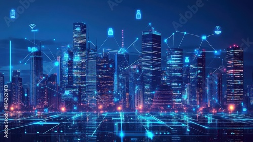 Wallpaper Mural Futuristic city skyline with digital connectivity elements. Torontodigital.ca