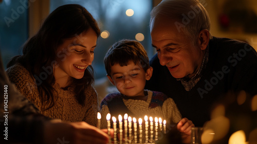 Families gather to celebrate Hanukkah while lighting candles on a menorah in a cozy setting photo