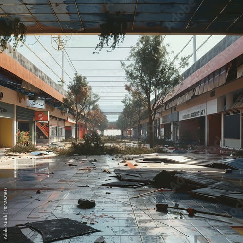 A deserted shopping mall with scattered debris and empty storefronts, located in an eerie suburban photo