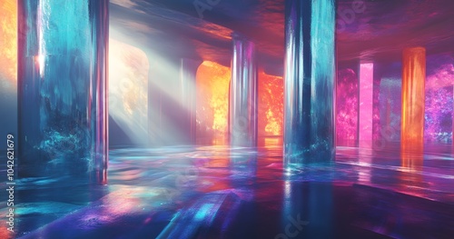 Abstract Neon-Lit Columns Reflecting in Water