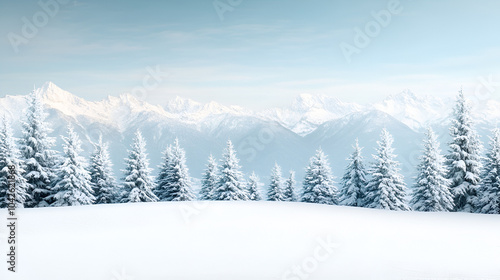 serene winter landscape featuring snow covered mountains and evergreen trees, creating tranquil and minimalist atmosphere. soft blue tones evoke sense of calm and peace