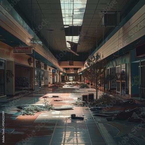 A deserted shopping mall with scattered debris and empty storefronts, located in an eerie suburban photo