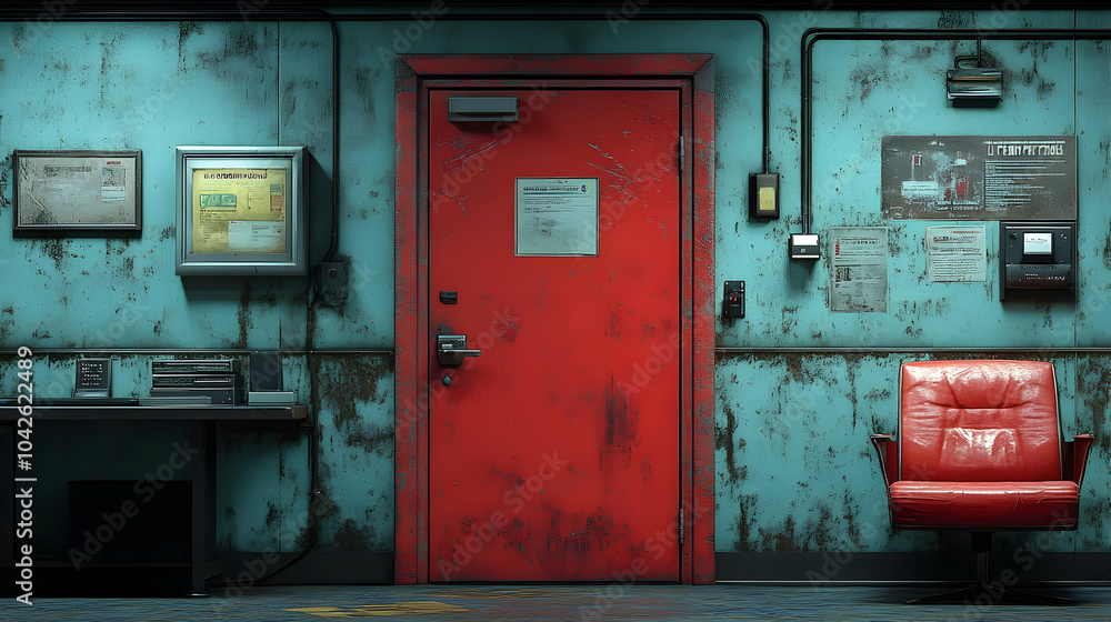 Red Door in Grungy Room 3D Illustration Red Door in Grungy Room 3D Illustration