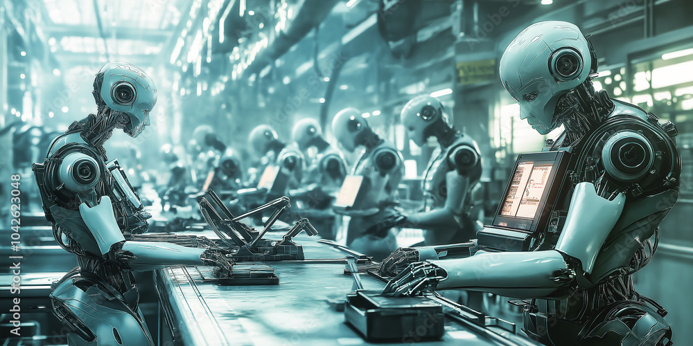 A group of humanoid robots will replace humans in the factory of the future. A group of humanoid robots will replace humans in the factory of the future.